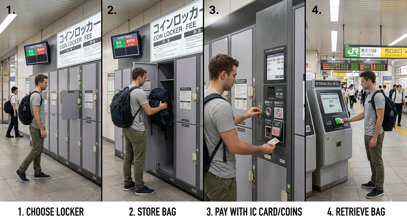 Four-step visual guide showing how to use coin lockers in Japan