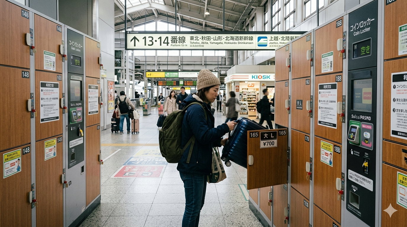 Traveler using a coin locker at a Japanese train station