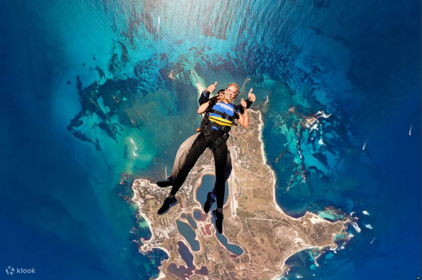Aerial view of a skydiver over Rottnest Island