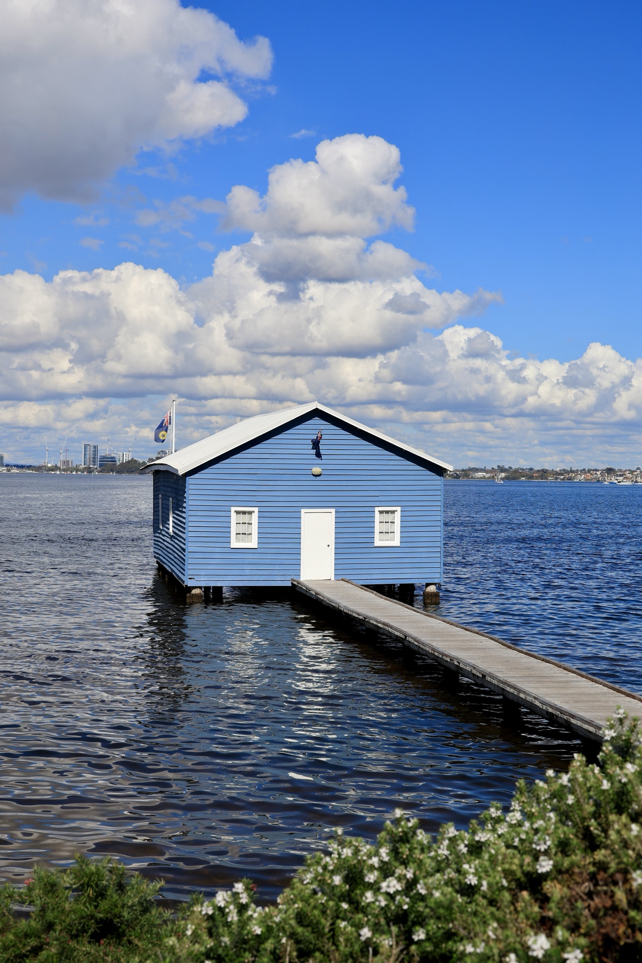 Front view of the Crawley Edge Boatshed with white flowering shrubs in the foreground, Perth WA