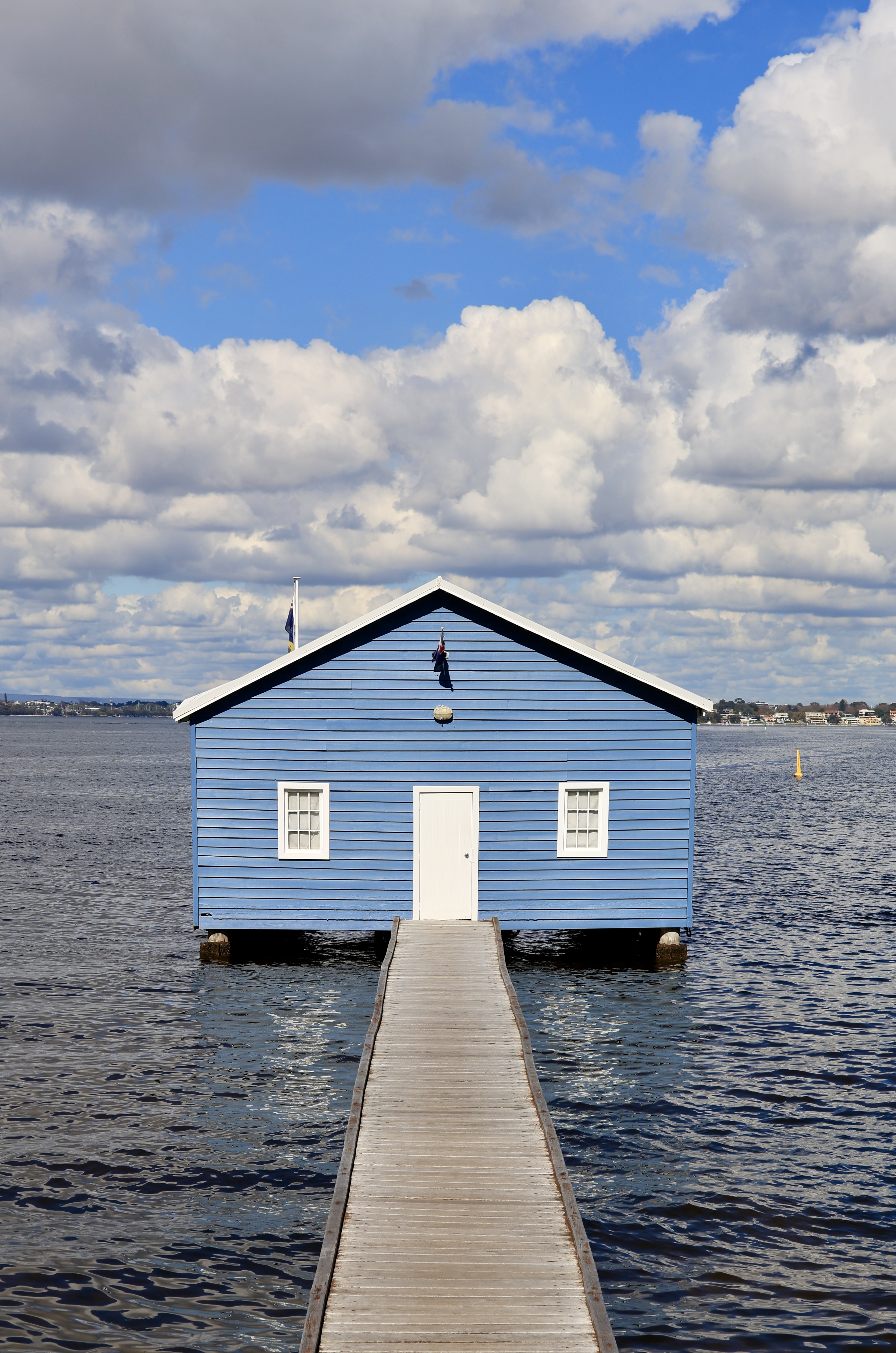Straight-on view down the jetty towards the Crawley Edge Boatshed, Perth WA