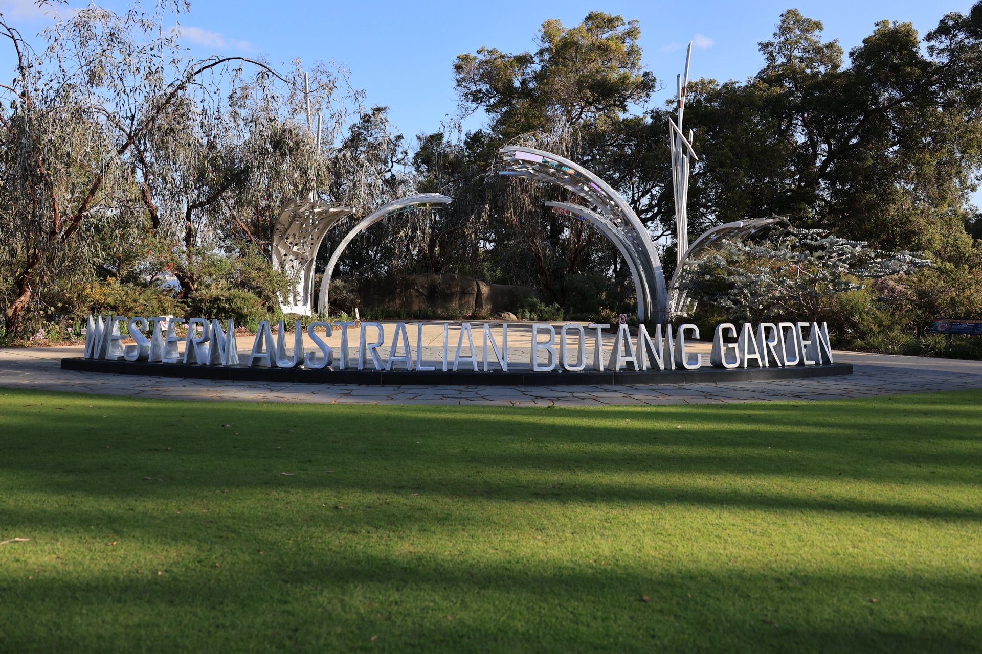 Western Australian Botanic Garden entrance sign with stainless steel sculpture, Kings Park, Perth
