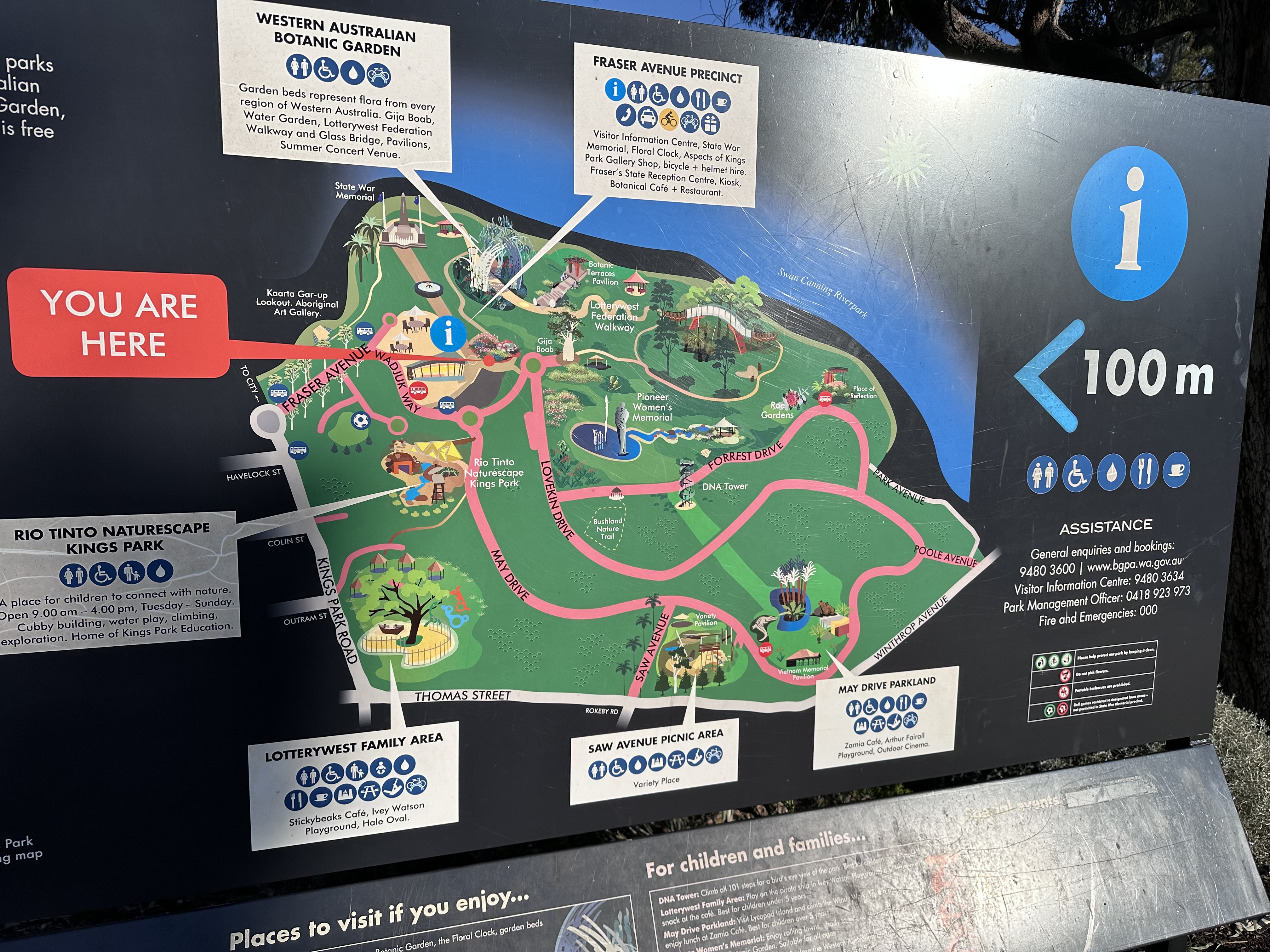 Kings Park visitor information map showing the Western Australian Botanic Garden, Rio Tinto Naturescape, and other precincts