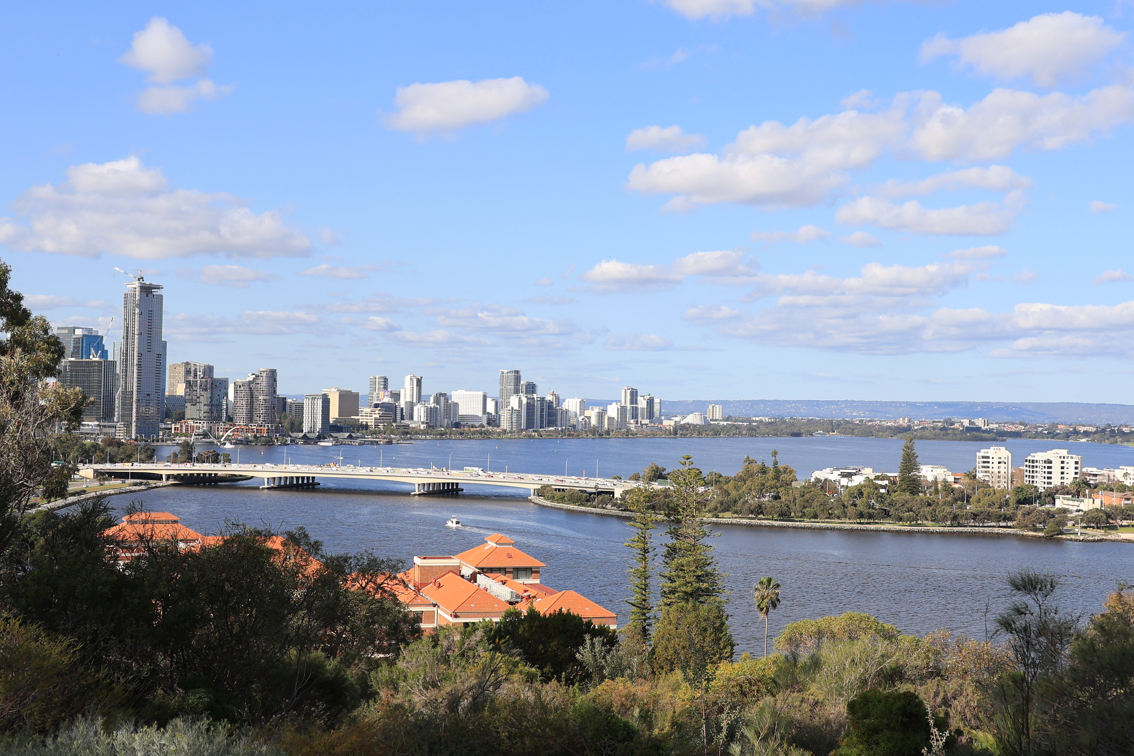 Panoramic view of Perth CBD and Swan River from the Western Australian Botanic Garden, Kings Park